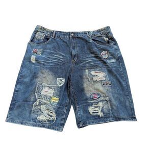 Chams Men's Blue Dark-Wash Mid-Rise Distressed Denim Shorts Size 50